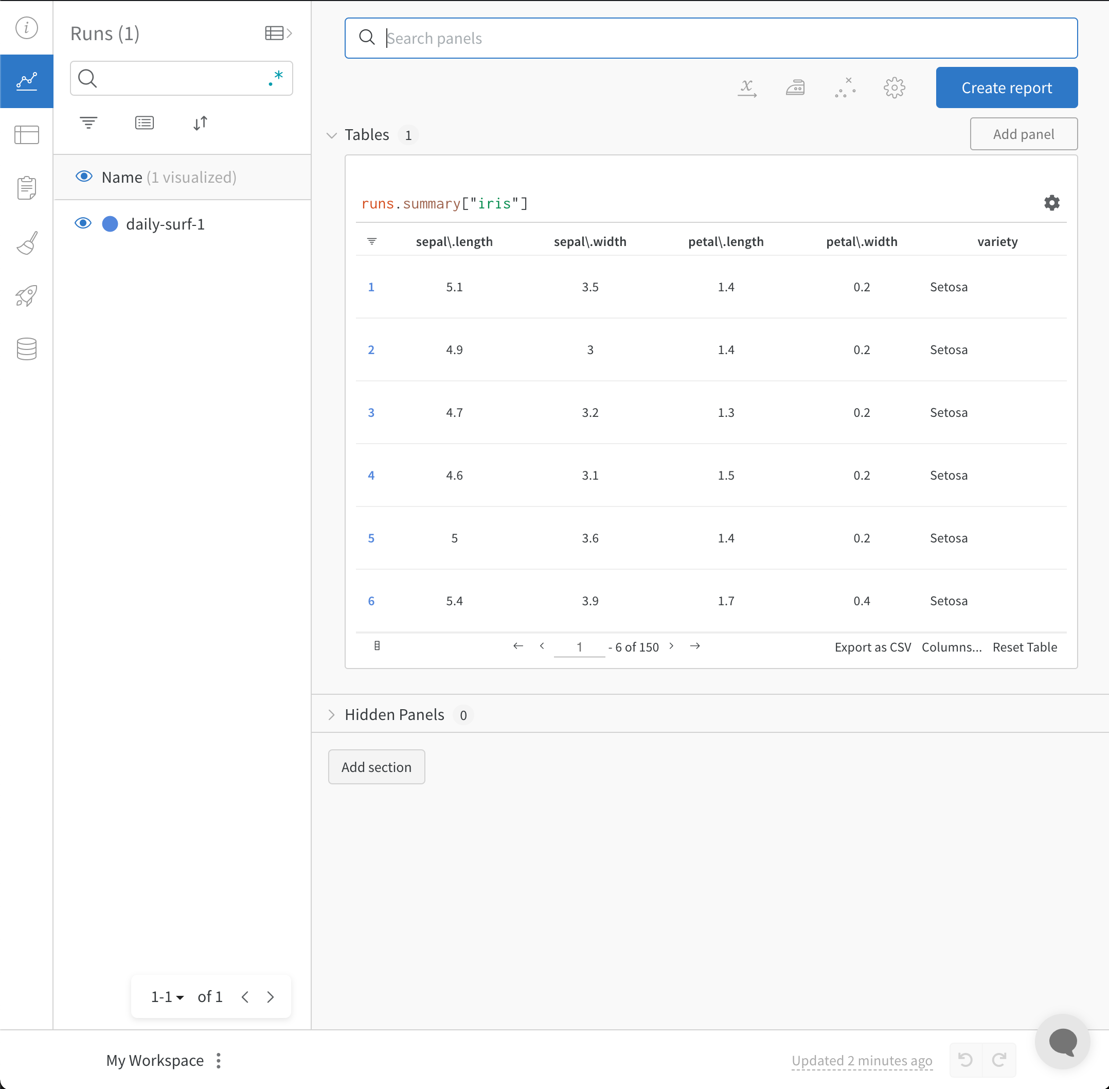 CSV ファイルが W&B ダッシュボードにインポートされた